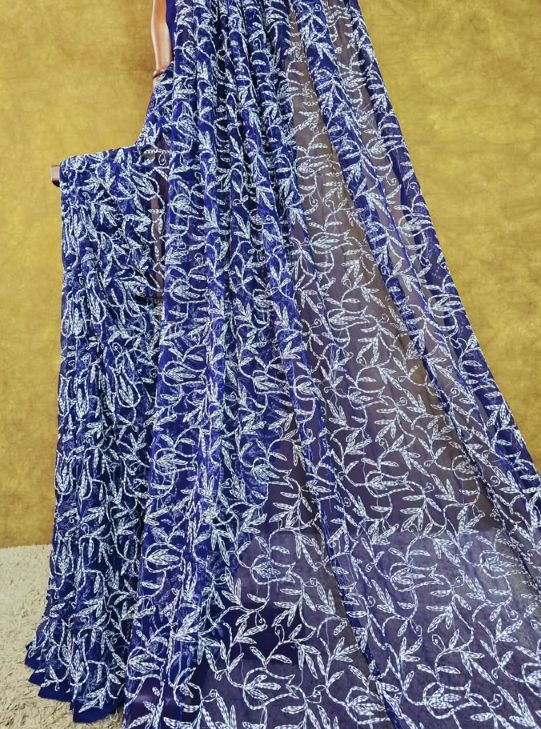 Navy Blue Chiffon Tepchi Chikankari  Saree