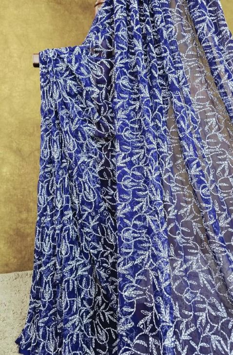 Navy Blue Chiffon Tepchi Chikankari  Saree