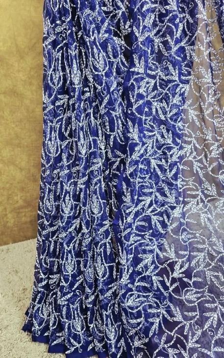 Navy Blue Chiffon Tepchi Chikankari  Saree