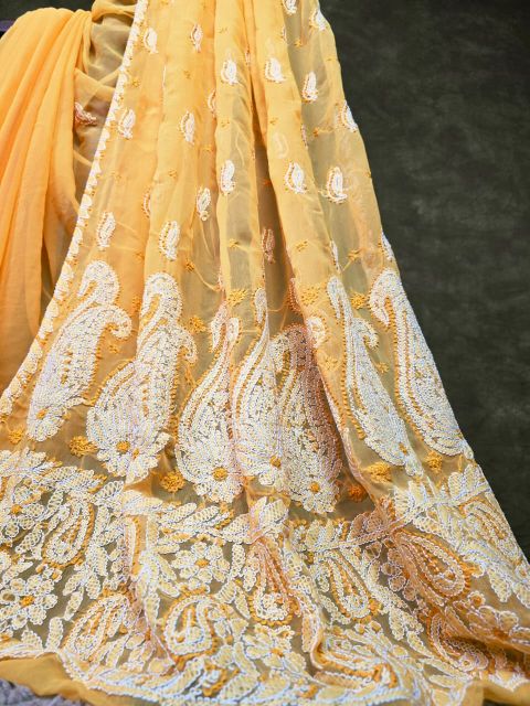 Orange Chiffon Saree with Chikankari Embroidery