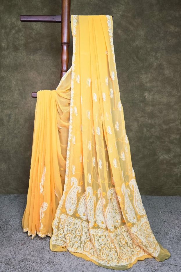 Orange Chiffon Saree with Chikankari Embroidery