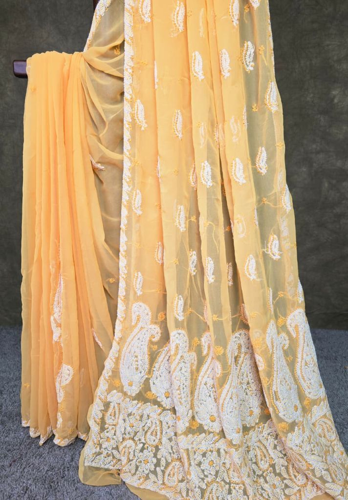 Orange Chiffon Saree with Chikankari Embroidery