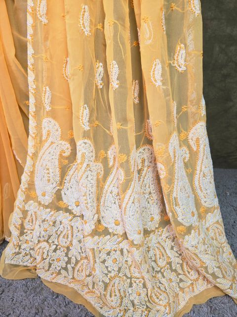 Orange Chiffon Saree with Chikankari Embroidery