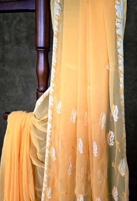 Orange Chiffon Saree with Chikankari Embroidery