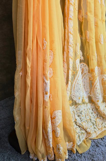 Orange Chiffon Saree with Chikankari Embroidery