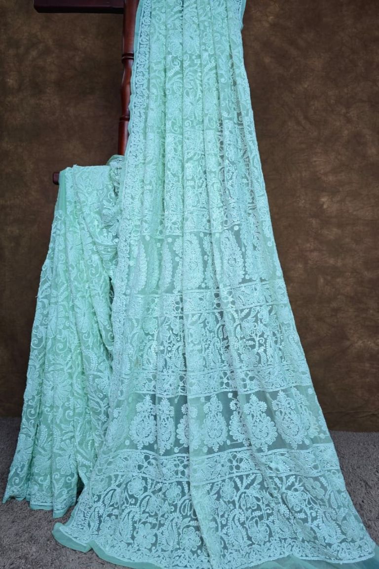 Pretty in Pastel: Mint Green Chikankari Chiffon Saree