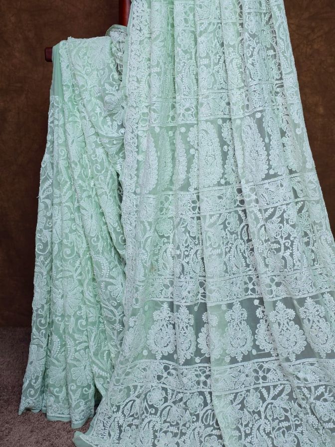 Pretty in Pastel: Mint Green Chikankari Chiffon Saree