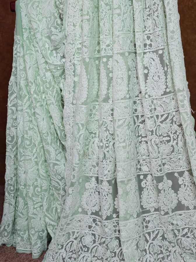 Pretty in Pastel: Mint Green Chikankari Chiffon Saree
