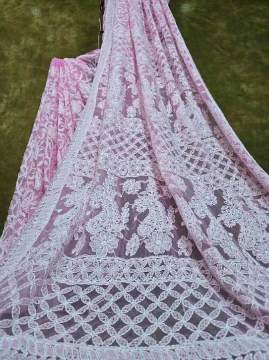 Baby Pink Full Jaal Lucknowi Chikankari Chiffon Saree