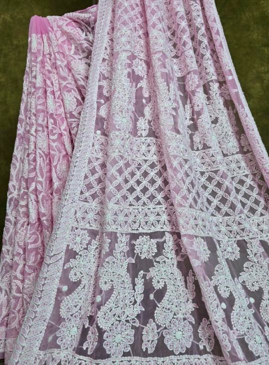 Baby Pink Full Jaal Lucknowi Chikankari Chiffon Saree