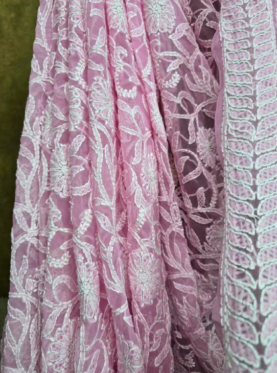 Baby Pink Full Jaal Lucknowi Chikankari Chiffon Saree