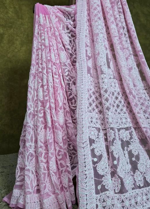 Baby Pink Full Jaal Lucknowi Chikankari Chiffon Saree