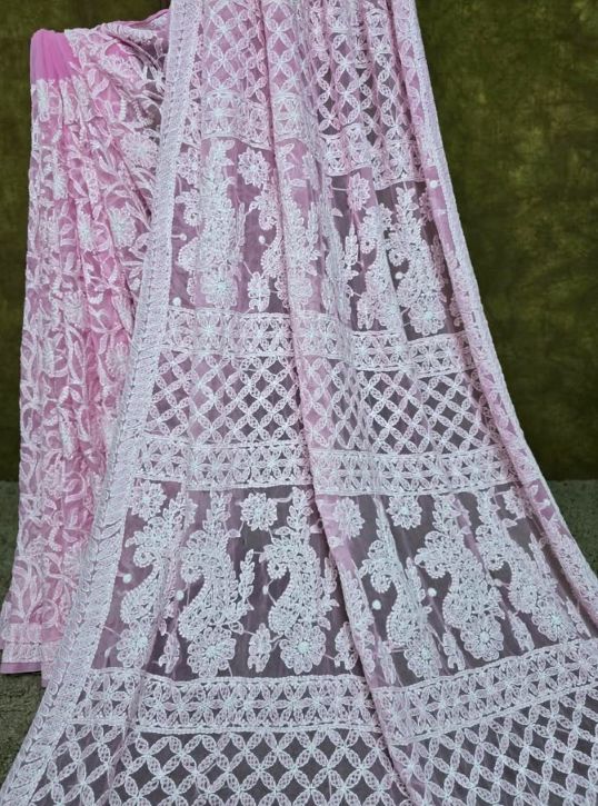 Baby Pink Full Jaal Lucknowi Chikankari Chiffon Saree