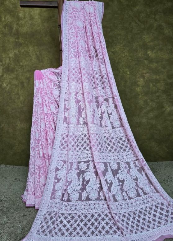 Baby Pink Full Jaal Lucknowi Chikankari Chiffon Saree