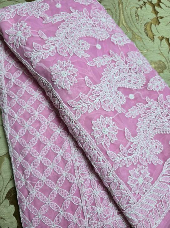 Baby Pink Full Jaal Lucknowi Chikankari Chiffon Saree