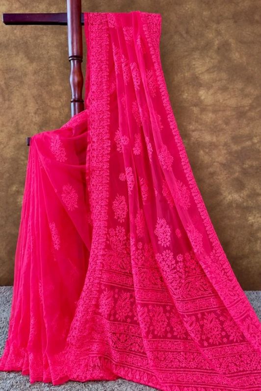 Rich Pink Organza Saree with Handcrafted Resham Thread Chikankari Work