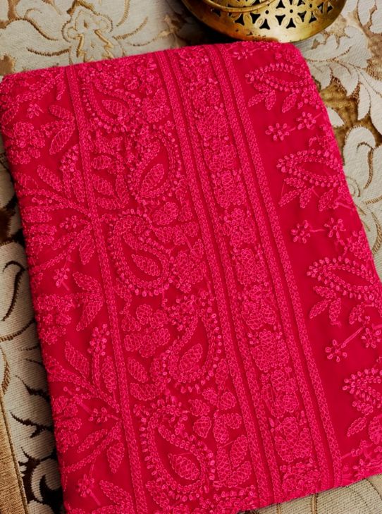 Pink Organza Saree with Handcrafted Resham Thread Chikankari Work