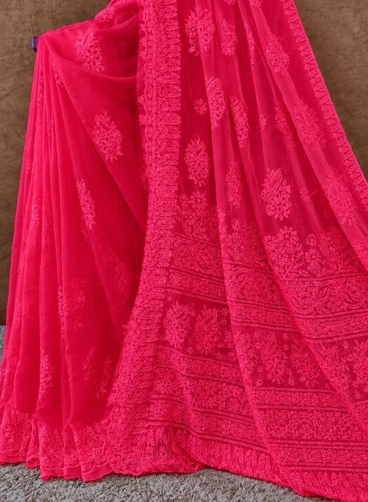 Pink Organza Chikankari Saree