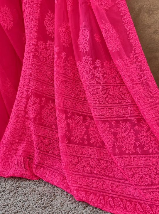 Pink Organza Saree with Handcrafted Resham Thread Chikankari Work - Pallu