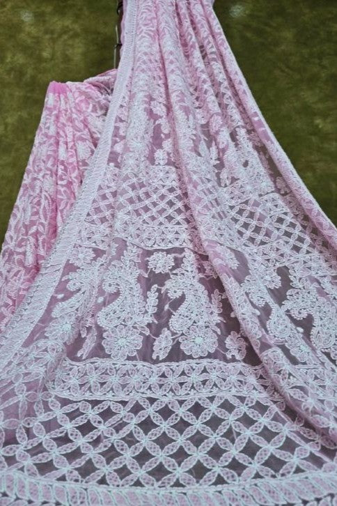 Baby Pink Full Jaal Lucknowi Chikankari Chiffon Saree