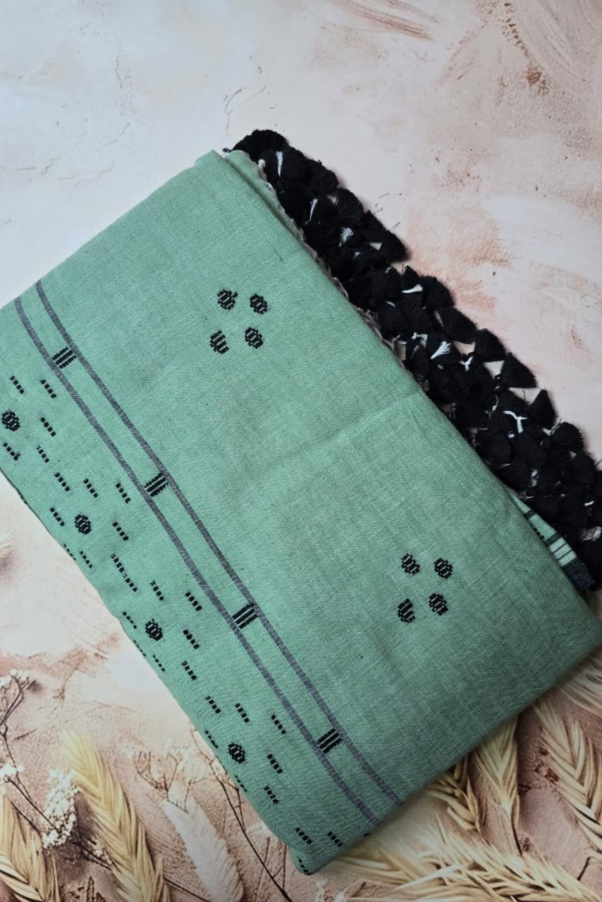 Pista Green Handloom Cotton Saree - Folded