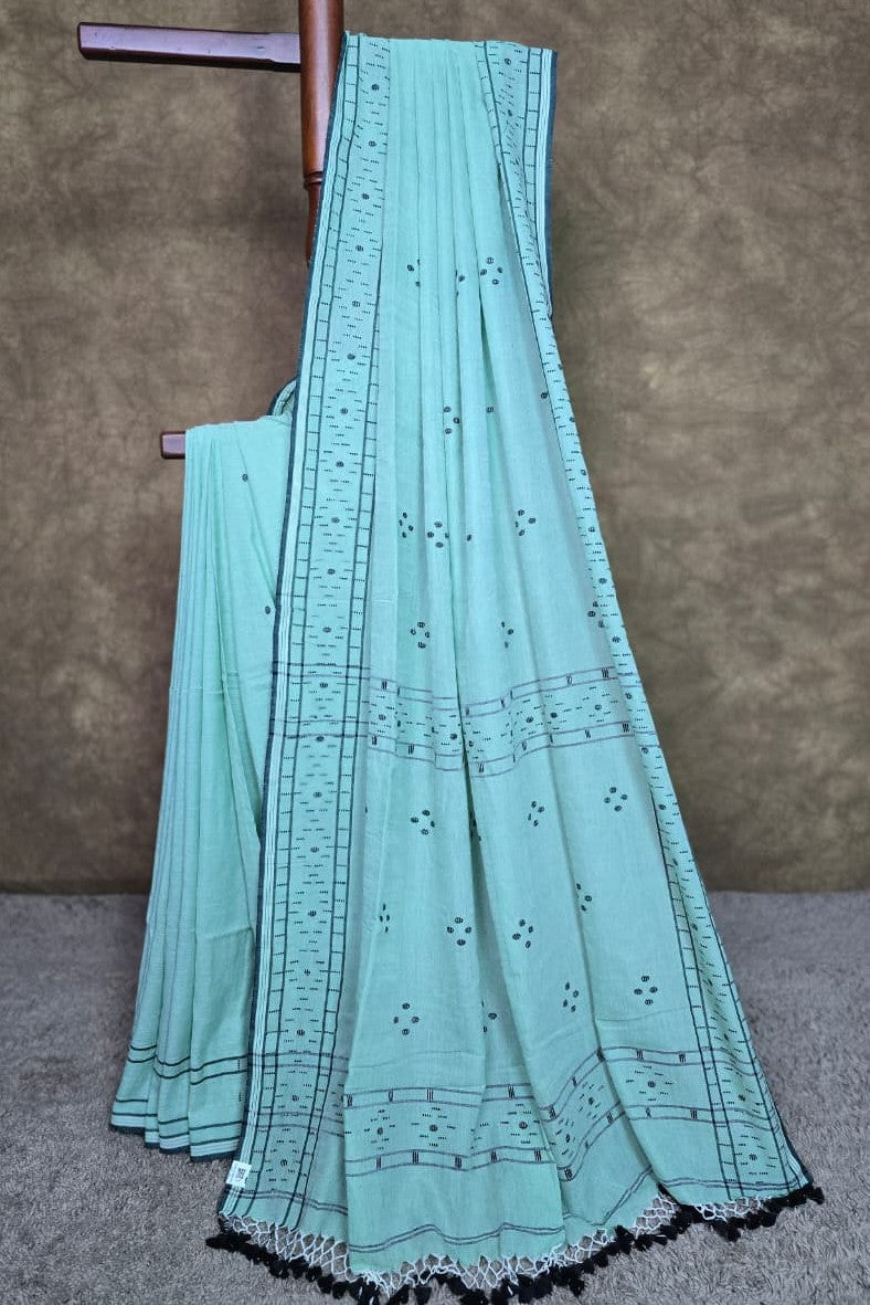 Pista Green Handloom Cotton Saree - Full View