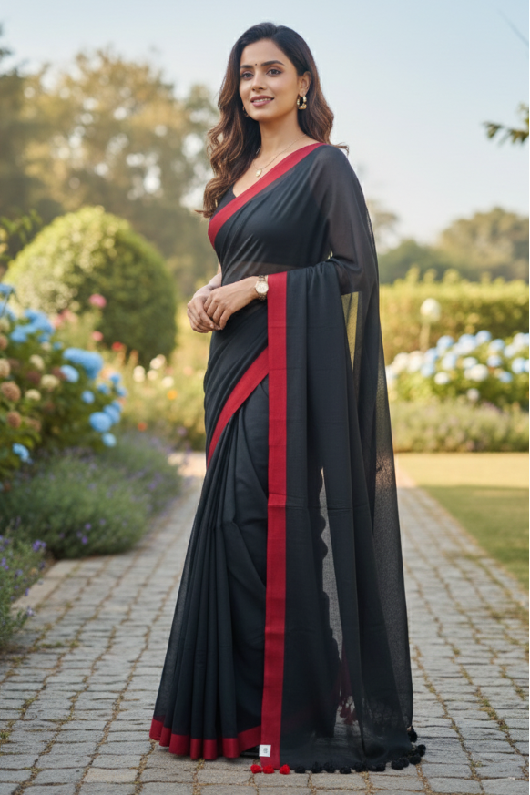 Mulmul cotton handloom black saree with red border
