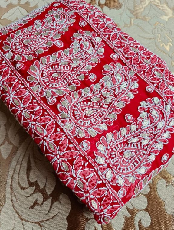 Red Chiffon Half Jaal Chikankari Saree with Gota Patti Work