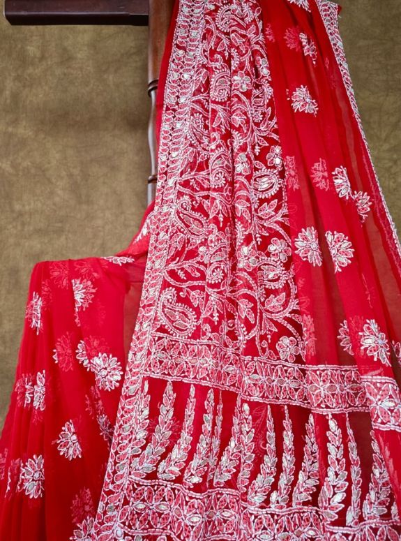 Red Chiffon Half Jaal Chikankari Saree with Gota Patti Work