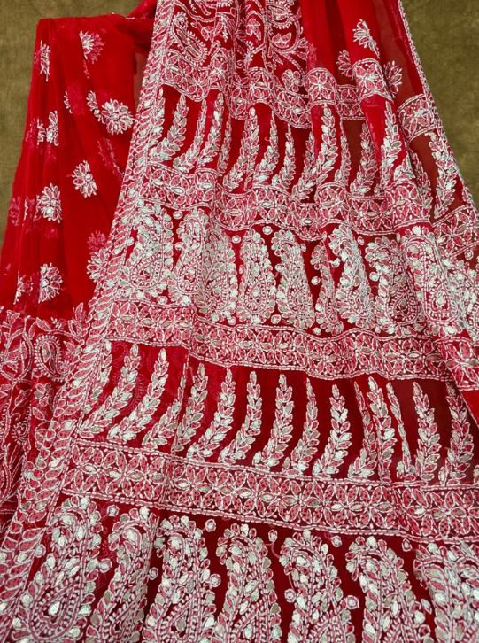 Red Chiffon Half Jaal Chikankari Saree with Gota Patti Work