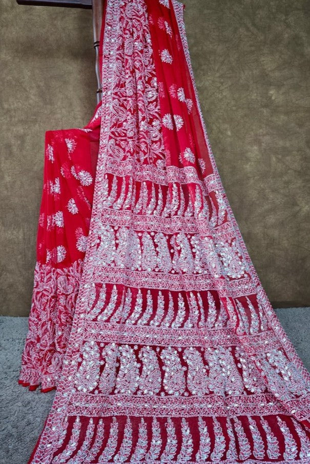 Red Chiffon Half Jaal Chikankari Saree with Gota Patti Work