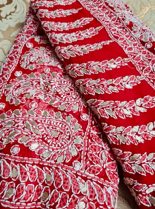 Red Chiffon Half Jaal Chikankari Saree with Gota Patti Work