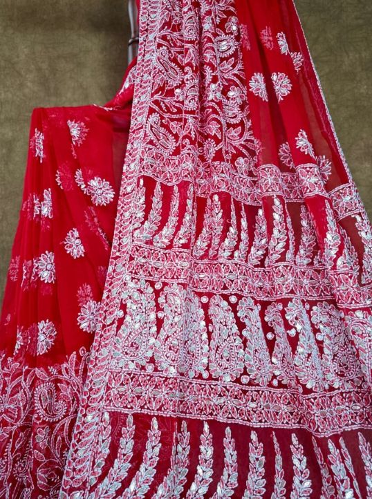 Red Chiffon Half Jaal Chikankari Saree with Gota Patti Work