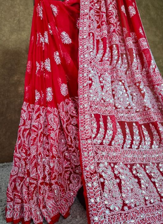 Red Chiffon Half Jaal Chikankari Saree with Gota Patti Work