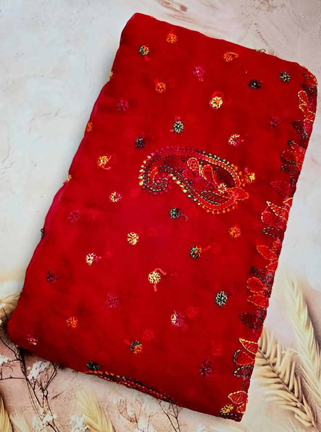 Red Saree Multi Coloured Resham Thread Chikankari - Folded | Hastweave