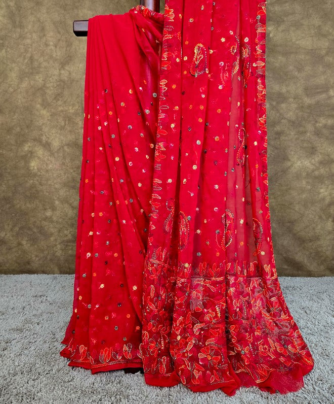 Red Saree Multi Coloured Resham Thread Lucknowi Chikankari | Hastweave