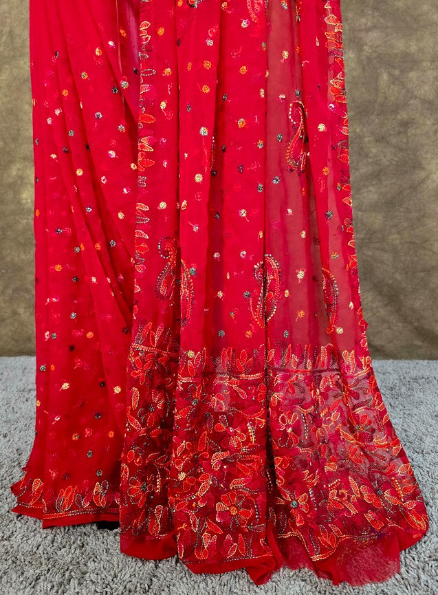 Red Saree Multi Coloured Resham Thread Chikankari  - Pallu| Hastweave
