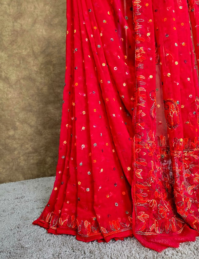 Red Saree Multi Coloured Resham Thread Chikankari - Pleats | Hastweave