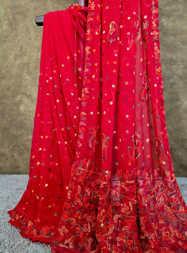 Red Saree Multi Coloured Resham Thread Authentic Chikankari | Hastweave