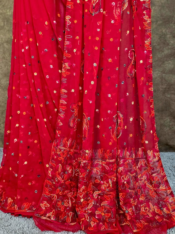 Red Saree Multi Coloured Resham Thread Hand made Chikankari | Hastweave