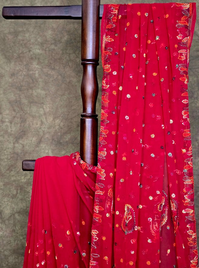 Red Saree Multi Coloured Resham Thread Chikankari  - Top View| Hastweave