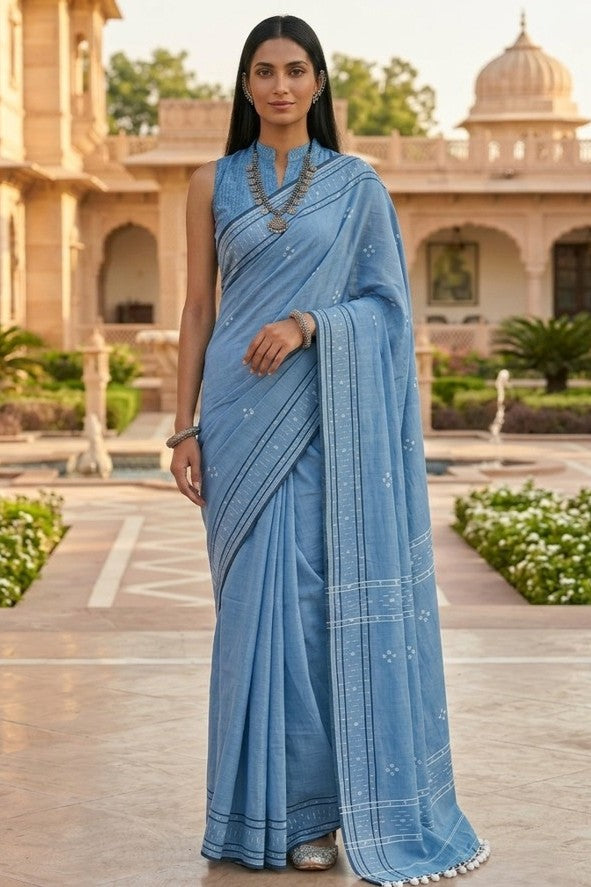 Sky blue cotton Jamdani saree