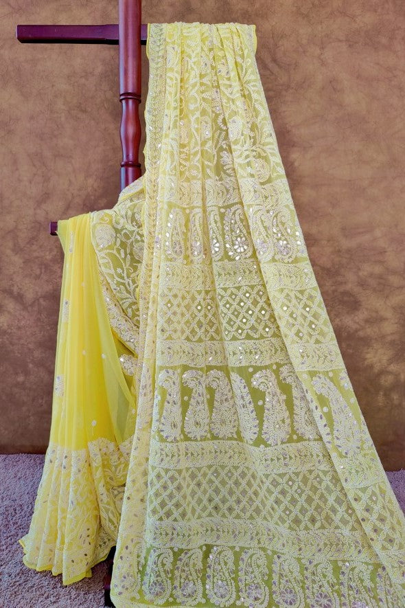 Yellow Chiffon Chikankari Saree with Gota Patti work | Hastweave