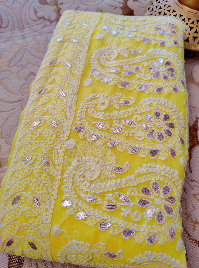 Yellow Chiffon Chikankari Saree with Gota Patti work for Haldi function | Hastweave
