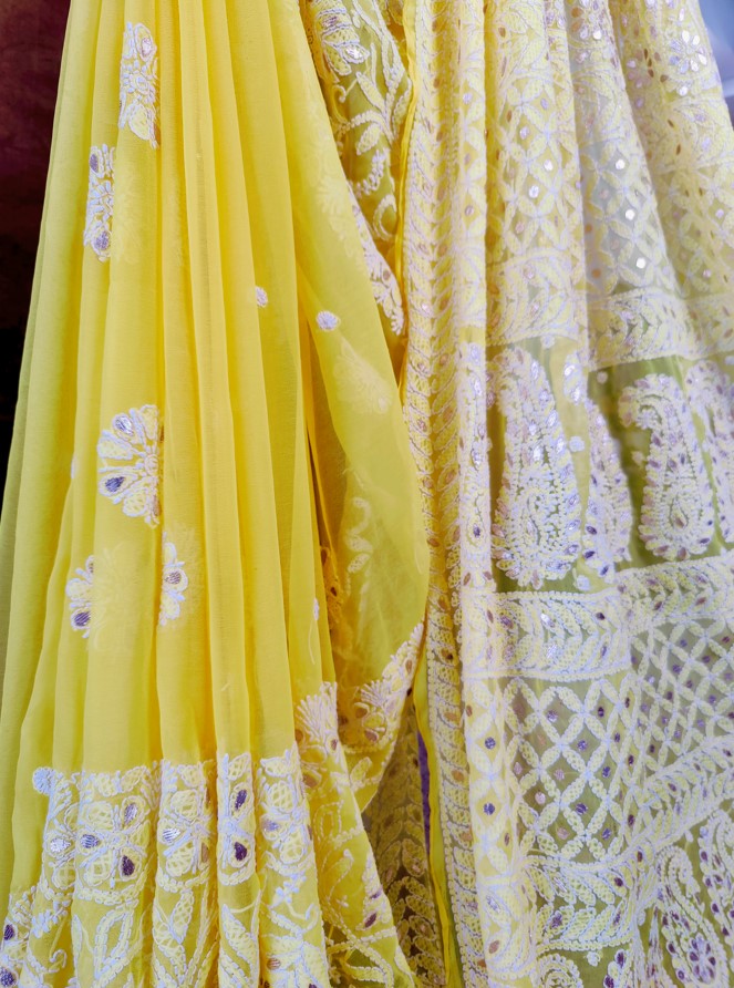 Yellow Chiffon Chikankari Saree with Gota Patti work- Pleats | Hastweave