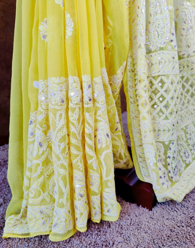 Yellow Chiffon Chikankari Saree with Gota Patti work amazing pleats and pallu | Hastweave