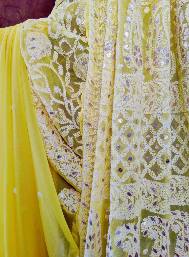Yellow Chiffon Hand work Chikankari Saree with Gota Patti work | Hastweave