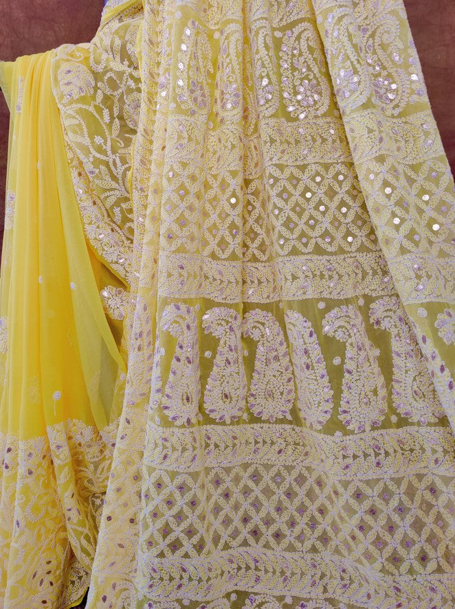 Yellow Chiffon Chikankari Saree with Gota Patti work - Pallu | Hastweave