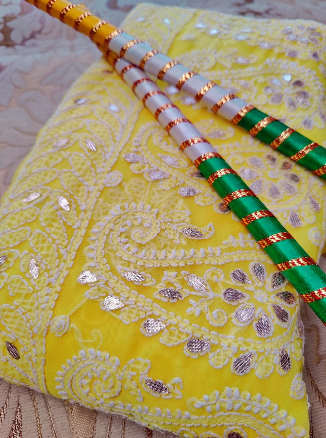 Yellow Chiffon Chikankari Saree with Gota Patti work for Festivals| Hastweave