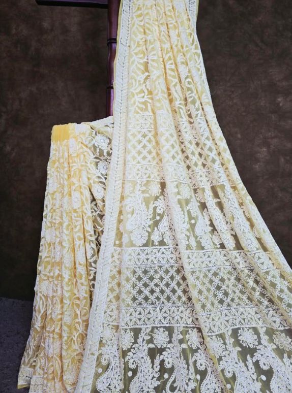 Pollen Yellow Chiffon Saree with Full Jaal Chikankari